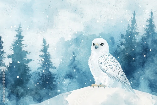 Beautiful white owl perched upon a snowy mound amidst a wintry forest scene