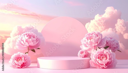 Fototapeta Naklejka Na Ścianę i Meble -  Podium with peonies, pink sky background