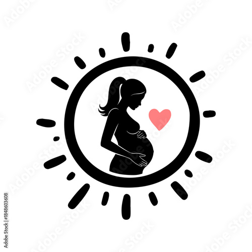Pregnant woman silhouette in circular sun frame with small pink heart