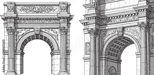 Classical Triumphal Arch Architecture Etching Engraving Style Vector Icon Set Isolated Historic Monument Facade Illustration