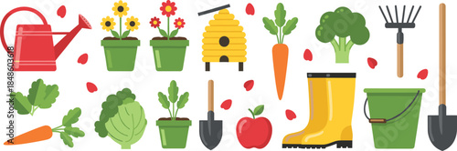 Gardening tools and plants vector set featuring watering can, flowers, vegetables, boots, shovel, rake, and beehive for farming and garden care concepts
