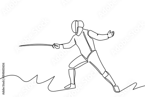 A single, continuous line depicts a fencer in a competitive stance. Single line art design Editable stroke.