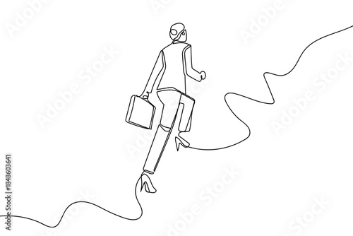 A single, continuous line depicts a businesswoman walking up a staircase towards success. Single line art design Editable stroke.