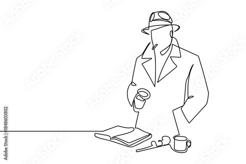 A single, continuous line depicts an old-school detective scene from a movie. Single line art design Editable stroke.