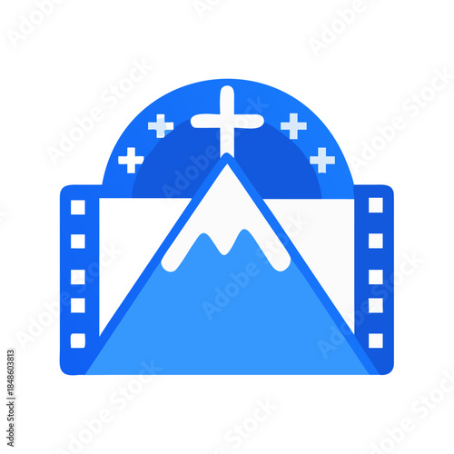 Minimalist mountain scenery with film strips, stars and cross on black background