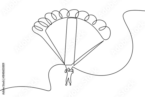 A single, continuous line depicts a parachute of a skydiver. Single line art design Editable stroke.