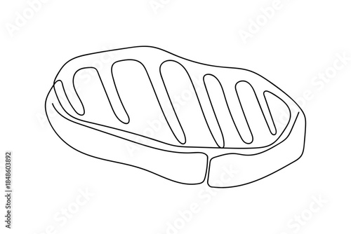 A single, continuous line depicts a steak with burn marks from grilling. Single line art design Editable stroke.