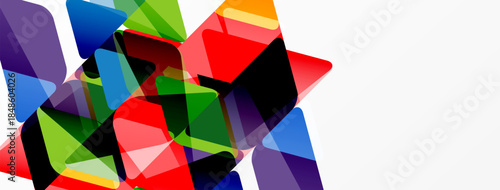 Abstract geometric shapes overlap, creating vibrant color blocks. Composition emphasizes dynamic energy, modern design.