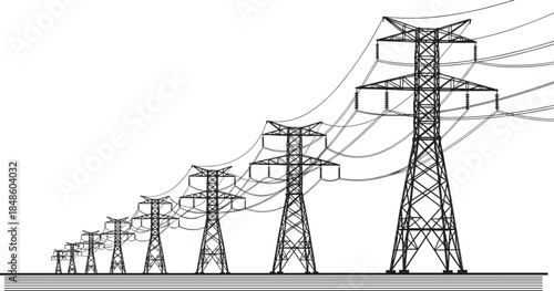 Black silhouette of electricity transmission towers on white background, high voltage power lines, energy infrastructure vector illustration, industrial grid system, overhead electrical wires.