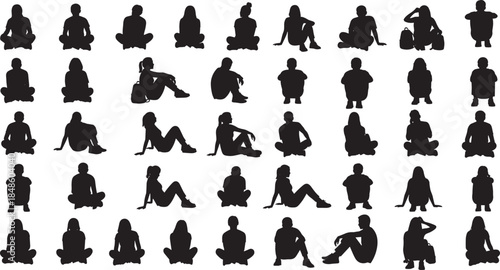 Black silhouette of people sitting in different poses isolated on white background, diverse group of men and women, human figures vector illustration.
