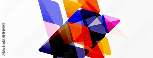 Abstract composition featuring overlapping translucent shapes. Colors include blue, orange, red, pink, black, white. Modern design, dynamic visual elements.