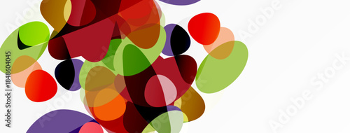 Abstract colorful shapes overlap, creating dynamic composition. Bright hues blend, forming vibrant visual experience. Modern design.