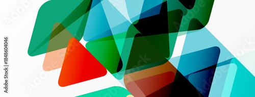 Abstract geometric shapes overlap. Colors include teal, red, green, blue. Composition feels dynamic, modern, vibrant.