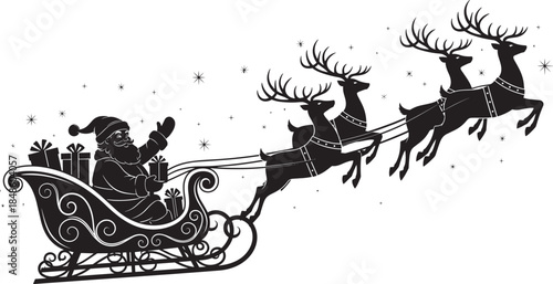 Black silhouette of Santa Claus waving in sleigh with reindeer flying through starry sky, Christmas holiday vector illustration, festive winter seasonal greeting.