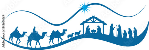 Blue silhouette of Christmas nativity scene with holy family, three wise men on camels, shepherds and star of Bethlehem, religious holiday vector.