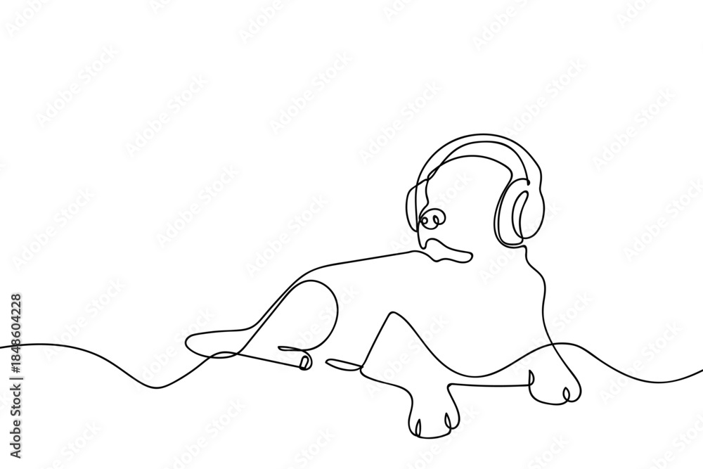 Obraz premium A single, continuous line depicts a dog wearing headphones. Single line art design Editable stroke.