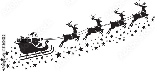 Santa Claus in Sleigh with Reindeer Silhouette Vector Illustration, Christmas Eve Magic Flight with Flying Deer and Stars for Holiday Celebration Design,