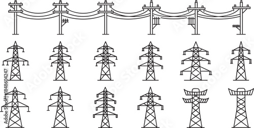 Black outline icons of electricity transmission towers and utility poles set, high voltage power lines infrastructure vector illustration, industrial energy grid outline icons 