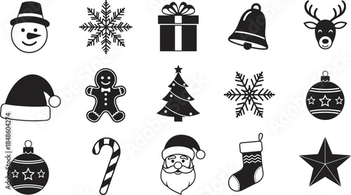 Black silhouette Christmas icons set isolated on white background, festive holiday symbols with Santa Claus, reindeer, snowman, gingerbread man, snowflake, gift, bells.