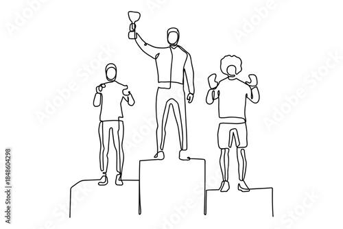 A single, continuous line depicts athletes standing on a podium receiving first, second, and third place awards. Single line art design Editable stroke.