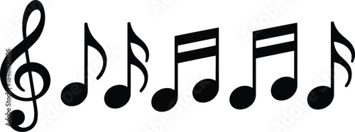 A classic collection of black music notes and a prominent treble clef against a bright white backdrop