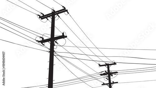 Black silhouette of utility poles with tangled power lines on white background, overhead electrical wires, telecommunication infrastructure, industrial electricity cables vector illustration, supply