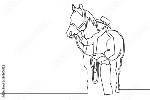 A single, continuous line depicts a man leading a horse. Single line art design Editable stroke.