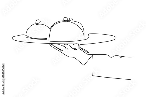A single, continuous line depicts a waiter's hand holding a tray of food, preparing to serve it in a restaurant. Single line art design Editable stroke.