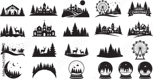 Christmas winter landscape silhouettes collection, festive scene with nativity, deer, ferris wheel, snow globe, village houses, forest trees, santa sleigh, holiday vector illustration.