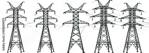 High Voltage Electrical Power Transmission Towers Silhouette Vector, Industrial Steel Lattice Pylon Network, Energy Infrastructure for Electricity Supply and Engineering Technology Design Background