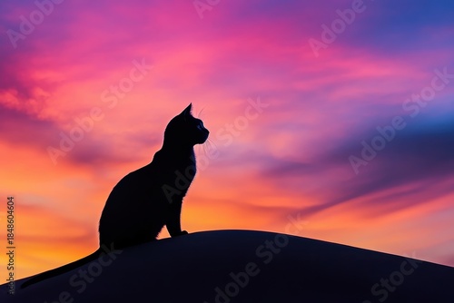 A vibrant feline silhouette, adorned in a spectrum of colors, stands majestically atop a dune, silhouetted against a breathtaking rainbow-hued cloud formation.