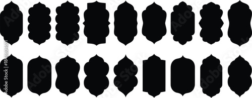A group of unique black decorative lantern or mosque shaped silhouettes on a white background