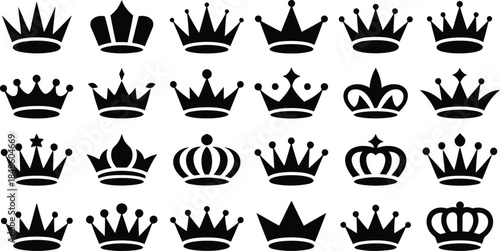 A large collection of diverse black crown silhouettes displayed neatly on a bright white background