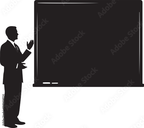 Silhouette of a businessman presenting in front of a blank blackboard