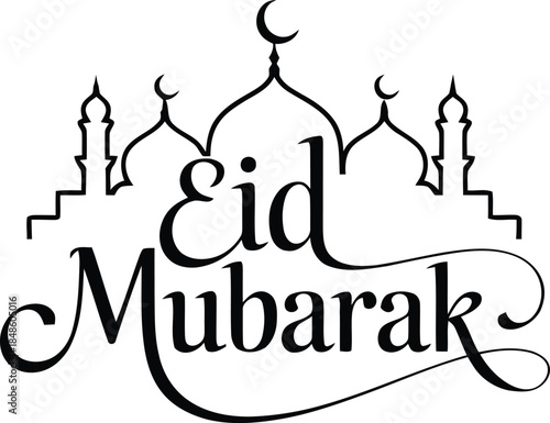 Classic Eid Mubarak lettering in black with mosque and crescent outlines on a simple white background