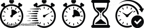 Collection of five black and white icons representing various concepts of time management and tracking