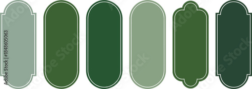 Collection of six tall green rectangular frames with varied rounded and decorative edges