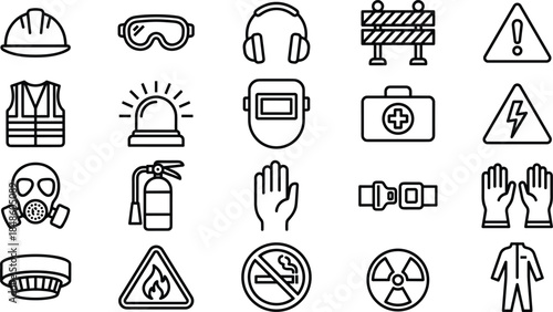 Set of industrial safety and construction vector icons, warning signs and protective gear symbols, isolated on white background.