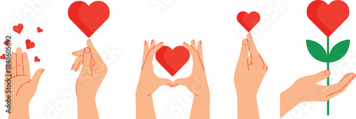 Hand gestures holding red hearts vector set symbolizing love, care, romance, charity, support, affection, and emotional connection in flat illustration style