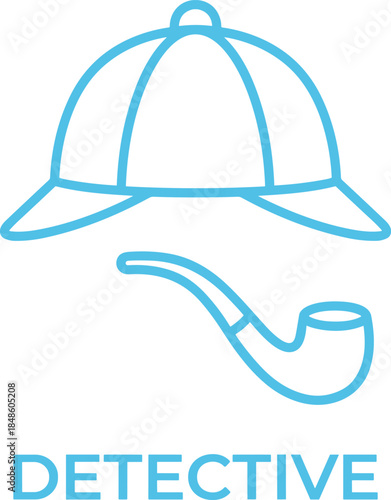 Detective vector icon with hat and smoking pipe, blue line art illustration for investigation and mystery concepts, isolated on white background.
