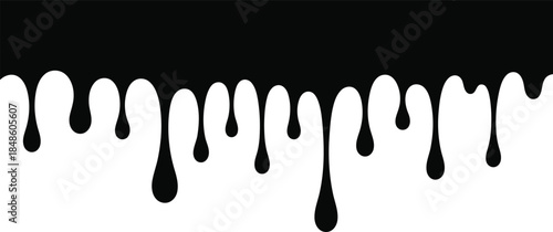 Jagged black liquid drips create a dynamic, uneven pattern from a solid black top edge on white