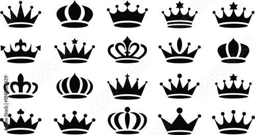 Many different black crown icons representing royalty are arranged on a clean white canvas