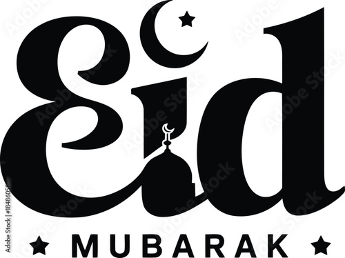 Prominent black Eid Mubarak text featuring a large crescent moon and small mosque motif on white