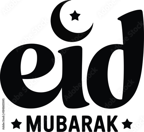 Playful black Eid Mubarak text features a decorative crescent moon and star on a bright white background