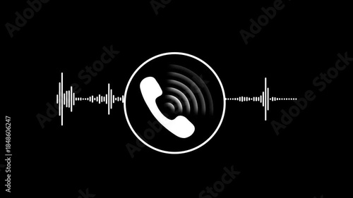 Call recording visual effect with audio spectrum animation on alpha background. glowing squares with phone icon for two-person conversation, audio waveform.