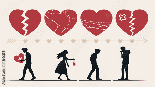 Heartbroken couple silhouettes with broken hearts above