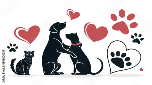 Heartwarming pets and animals illustration with dog and cat friends