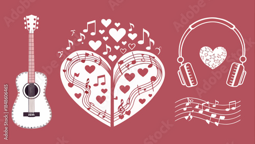 Musical love heart with guitar and headphones on red