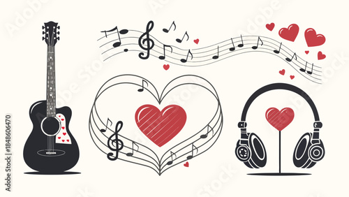 Music and love icons with guitar, heart, and headphones