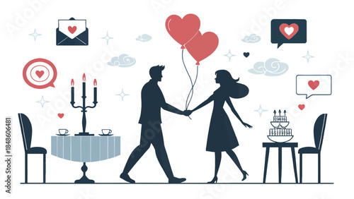 Romantic couple celebrating love with heart balloons and candles